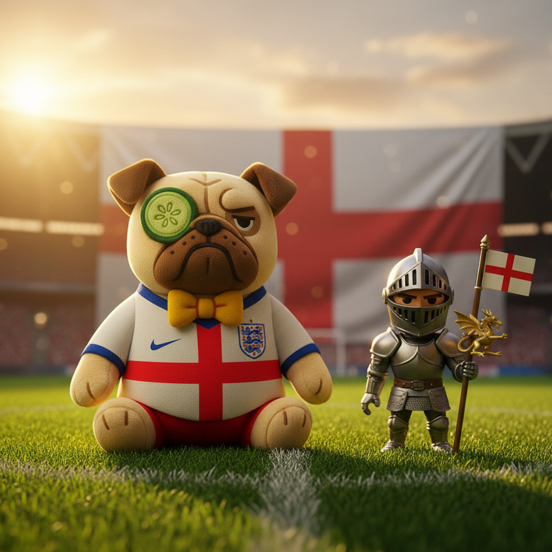 Sir Cucumber Dog wearing England kit with St George in his armour. Cucumber Dog