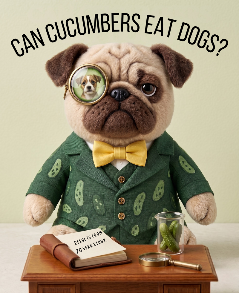 Sir Cucumber Dog plush pug toy wearing a green cucumber print suit and yellow bow tie, sitting at a wooden desk beneath the text Can Cucumbers Eat Dogs.