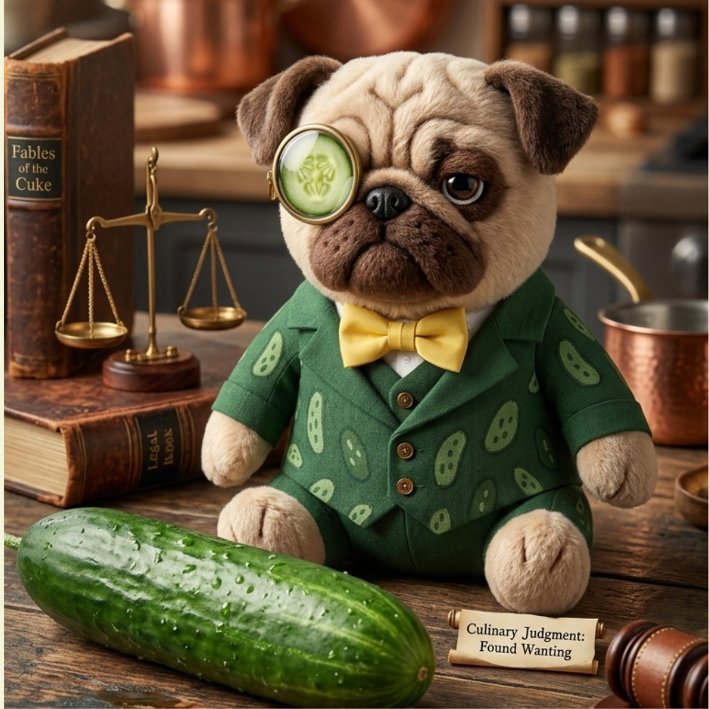 Sir Cucumber Dog, a plush pug wearing a green suit and cucumber monocle, sitting at a desk comparing safe, fresh cucumber slices to a toxic, forbidden pickle for canine nutrition.