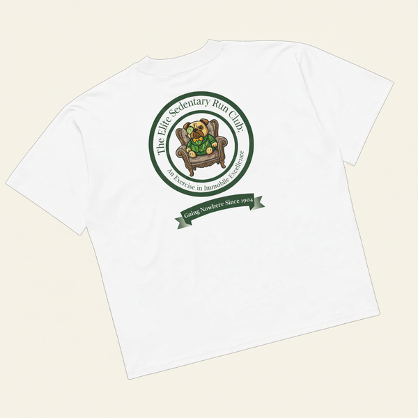 A white oversized high-neck t-shirt. The front features the text CUCUMBER DOG in dark green. The back features a large circular crest of a dapper pug in an armchair with the text The Elite Sedentary Run Club.