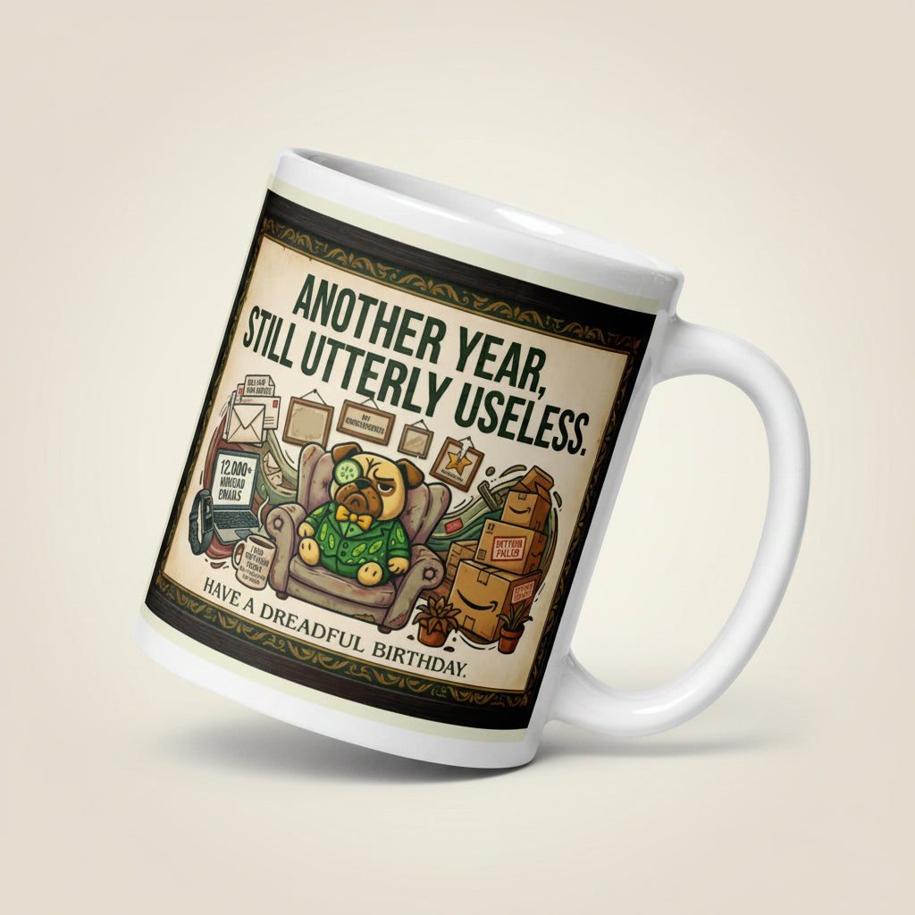 White glossy mug featuring Sir Cucumber Dog the pug. The text "ANOTHER YEAR... STILL UTTERLY USELESS." is rendered in Cucumber green. Cucumber Dog.