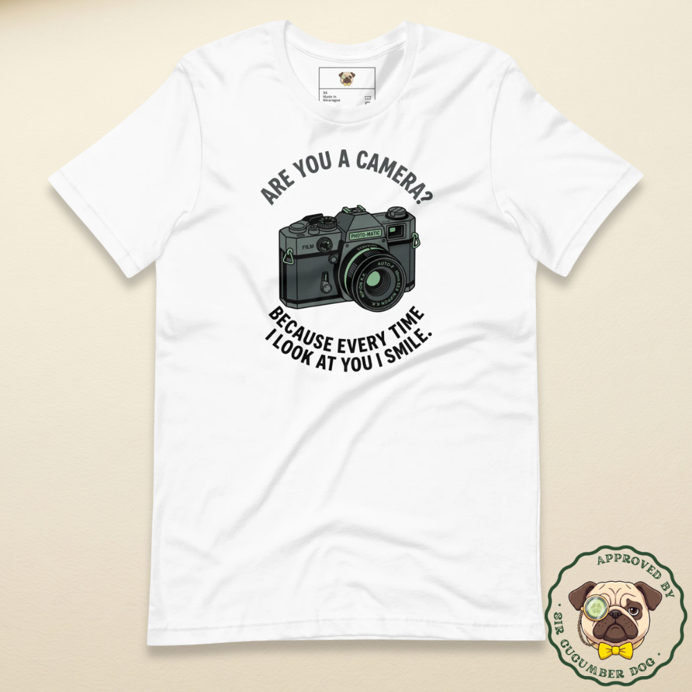 Are you a camera because everytime I look at you I Smile text with an image of a camera design on a white tee