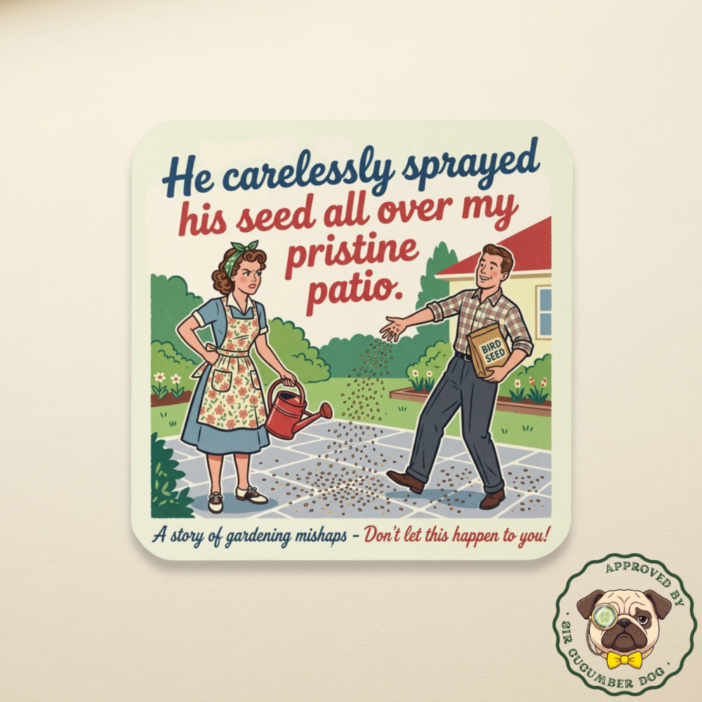 Vintage style illustration on a square cork-back drink coaster featuring an annoyed woman holding a watering can and a cheerful man scattering bird seed on a patio. The bold text reads He carelessly sprayed his seed all over my pristine patio. A story of gardening mishaps - Don't let this happen to you!