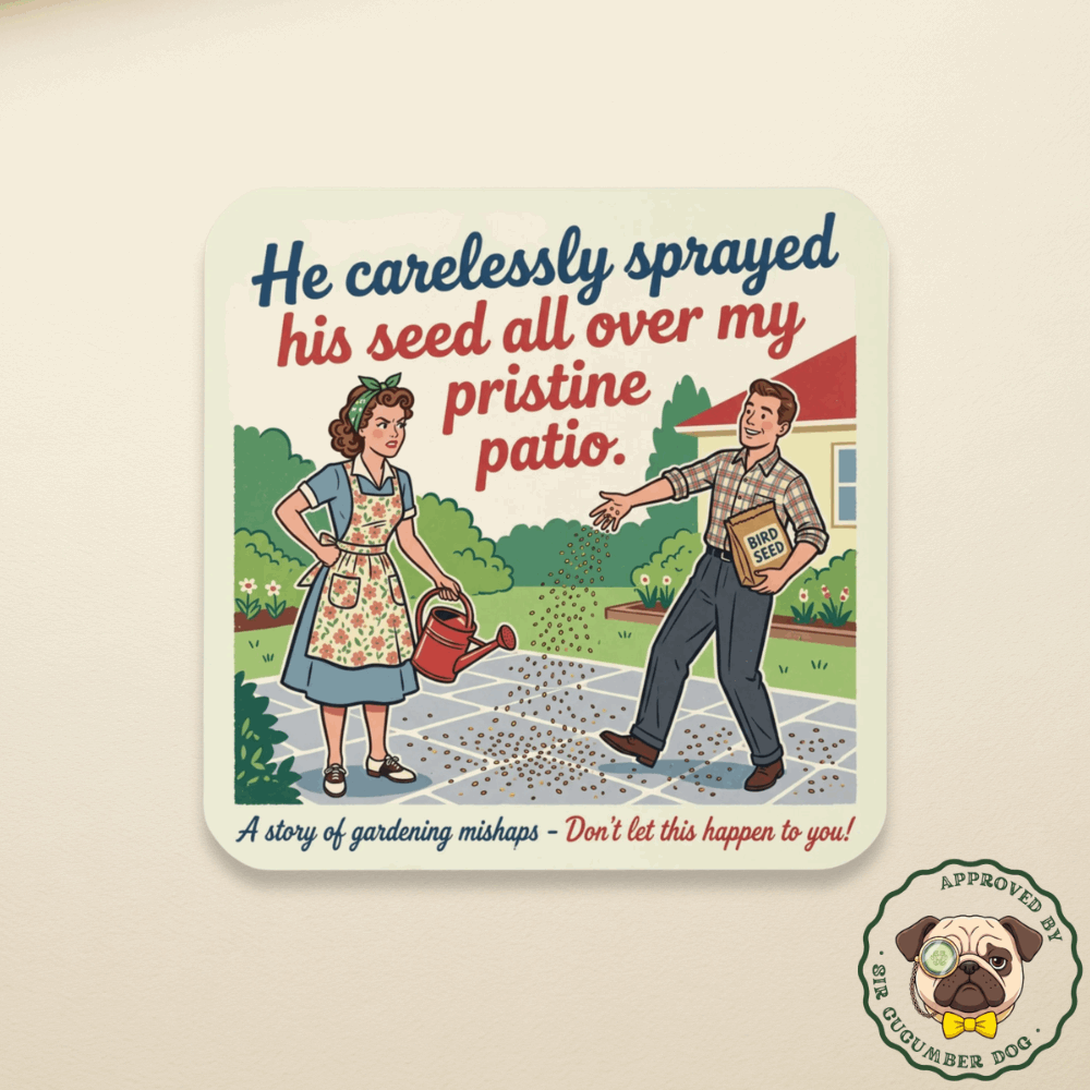 Vintage style illustration on a square cork-back drink coaster featuring an annoyed woman holding a watering can and a cheerful man scattering bird seed on a patio. The bold text reads He carelessly sprayed his seed all over my pristine patio. A story of gardening mishaps - Don't let this happen to you!