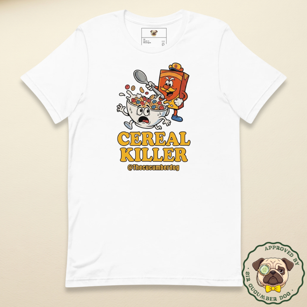 Cereal KIller design on a white tee, a cereal box chasing a bowl of cereal