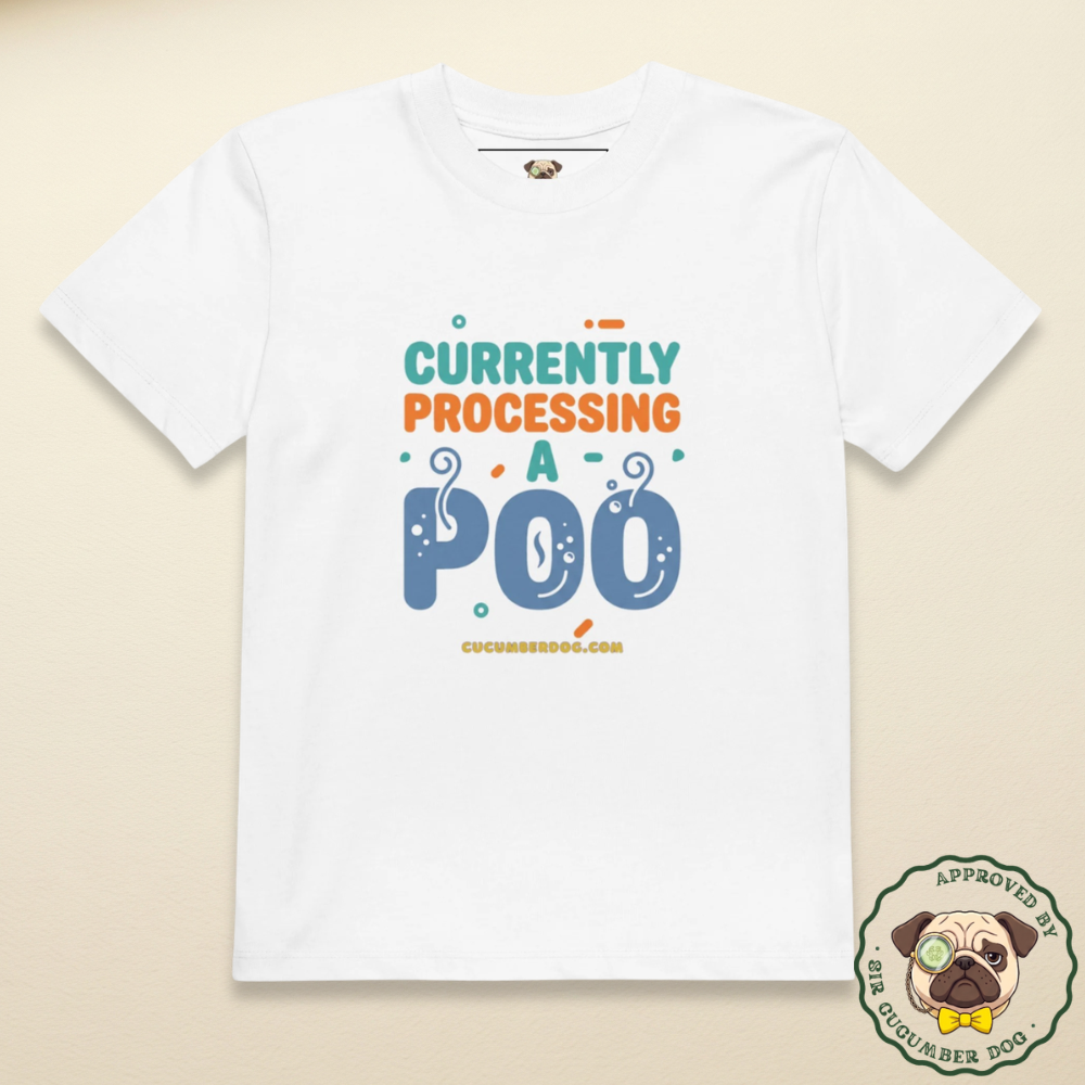 A white organic cotton children's t-shirt featuring a lime green loading bar graphic and retro typography that reads: CURRENTLY PROCESSING A POO.  cucumberdog.com.