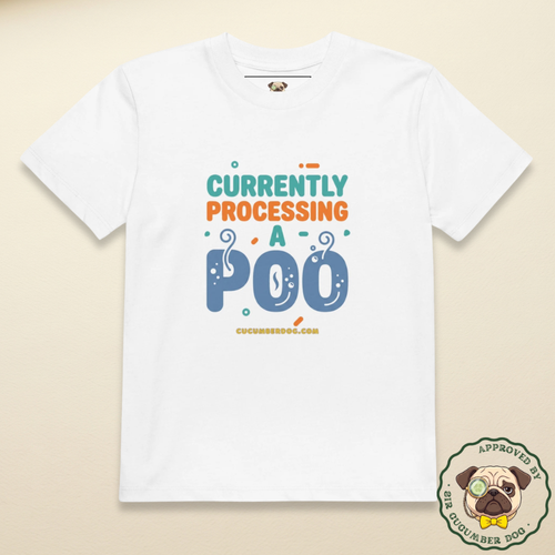 A white organic cotton children's t-shirt featuring a lime green loading bar graphic and retro typography that reads: CURRENTLY PROCESSING A POO.  cucumberdog.com.