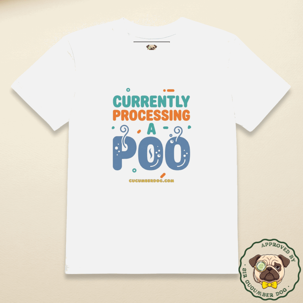 A white organic cotton children's t-shirt featuring a lime green loading bar graphic and retro typography that reads: CURRENTLY PROCESSING A POO.  cucumberdog.com.