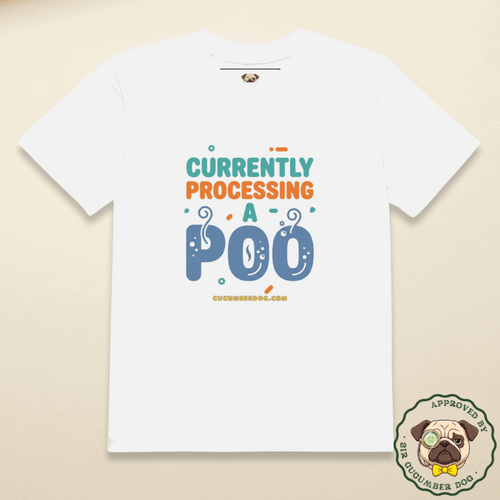 A white organic cotton children's t-shirt featuring a lime green loading bar graphic and retro typography that reads: CURRENTLY PROCESSING A POO.  cucumberdog.com.