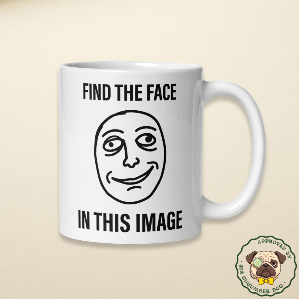 Find the face in this image with an image of the face in the middle on a white mug