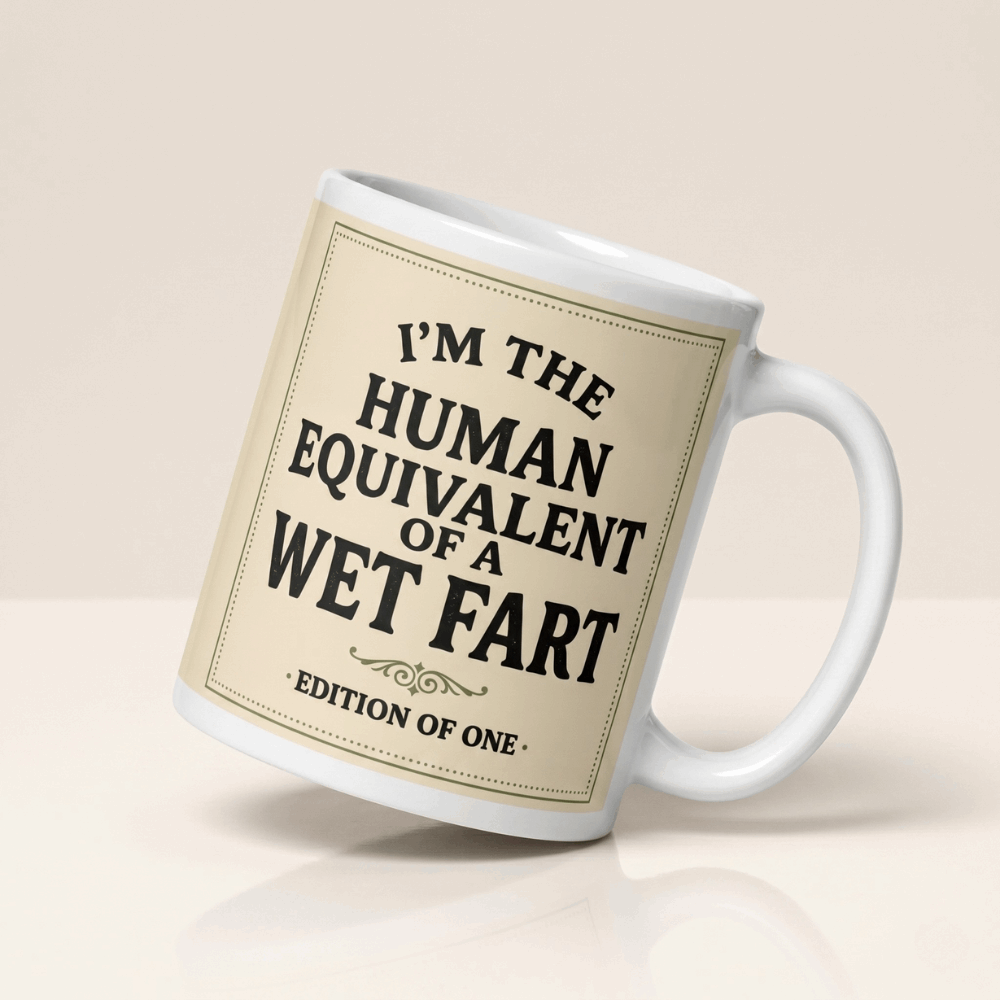 Funny white ceramic mug tilted, featuring a beige label with the rude quote I'm the human equivalent of a wet fart.