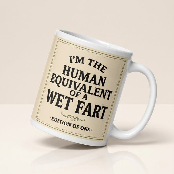 Funny white ceramic mug tilted, featuring a beige label with the rude quote I'm the human equivalent of a wet fart.