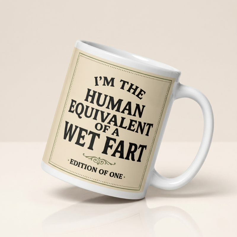 Funny white ceramic mug tilted, featuring a beige label with the rude quote I'm the human equivalent of a wet fart.