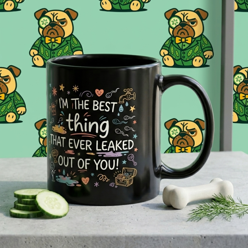 Black mug with humorous text design on a light gray surface with cartoon pug characters in the background.