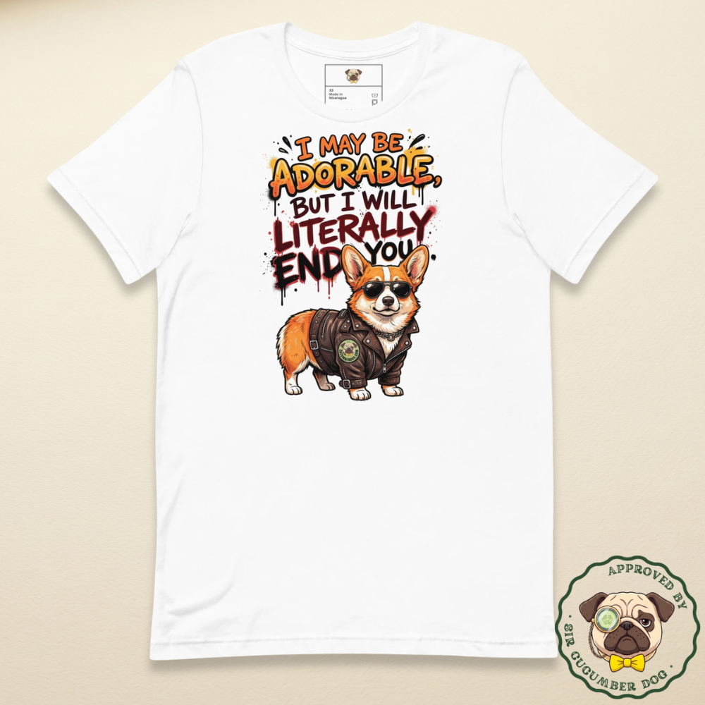Vintage style illustration on a white t-shirt featuring a corgi wearing sunglasses and a leather biker jacket with a Sir Cucumber Dog patch. The bold graffiti text reads I may be adorable, but I will literally end you