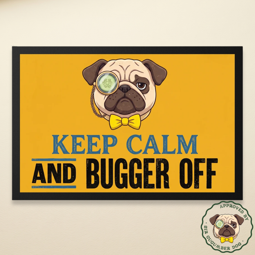 An illustration of the Cucumber Dog pug wearing a monocle and bow tie above the text 'KEEP CALM AND BUGGER OFF,' printed on a premium indoor mat with a textured surface