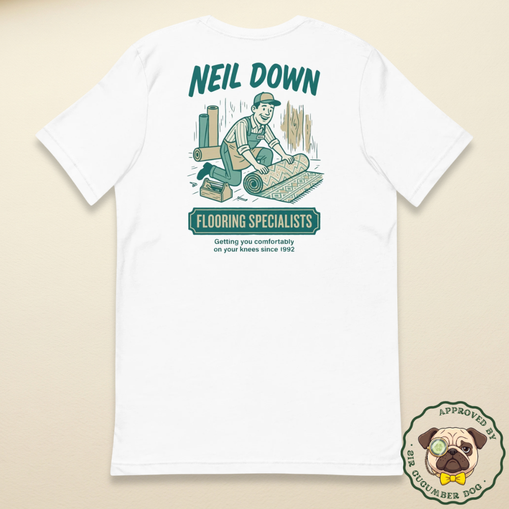 A vintage green and tan illustration of a smiling carpet fitter kneeling on the floor, featuring the text "NEIL DOWN FLOORING SPECIALISTS: Getting you comfortably on your knees since 1992" printed on a white t-shirt.