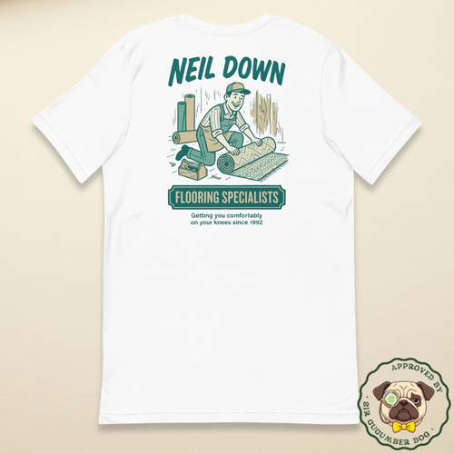 A vintage green and tan illustration of a smiling carpet fitter kneeling on the floor, featuring the text "NEIL DOWN FLOORING SPECIALISTS: Getting you comfortably on your knees since 1992" printed on a white t-shirt.
