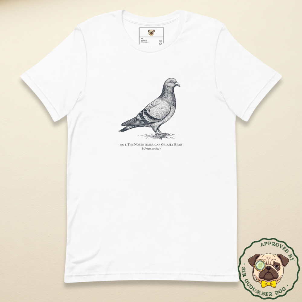 Common pigeon image with the name The North American Grizzly Bear beneath it design on a white tee