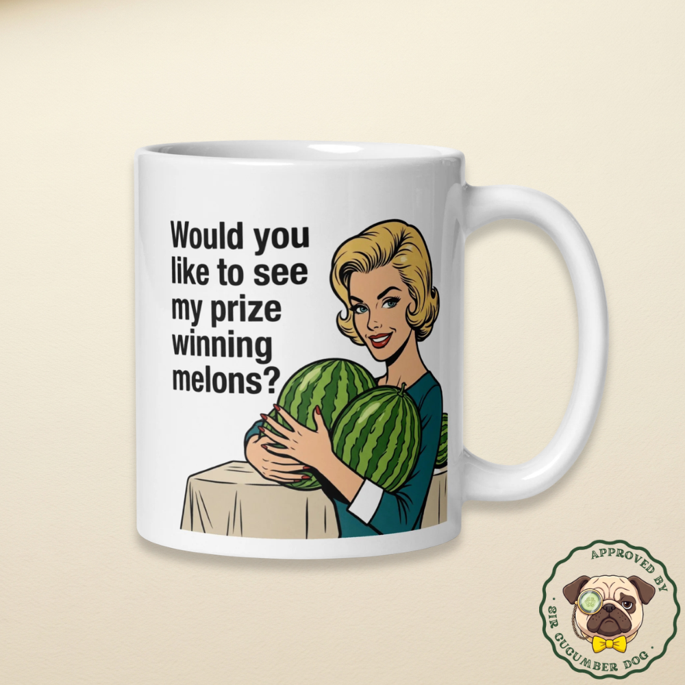 Would you like to see my prize winning melons text with a vintage woman holding two melons design on a white mug