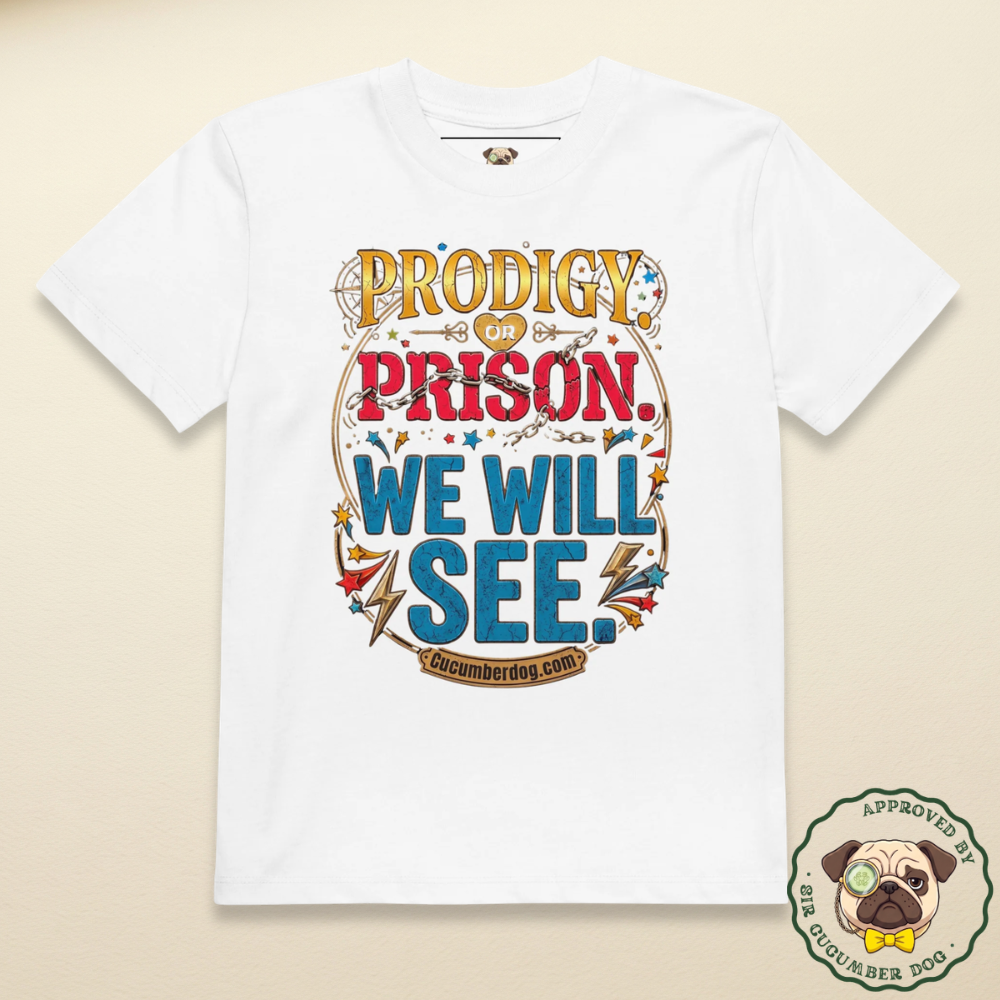 A white organic cotton children's t-shirt featuring colourful retro typography with chains and lightning bolts that reads: PRODIGY OR PRISON. WE WILL SEE. cucumberdog.com.