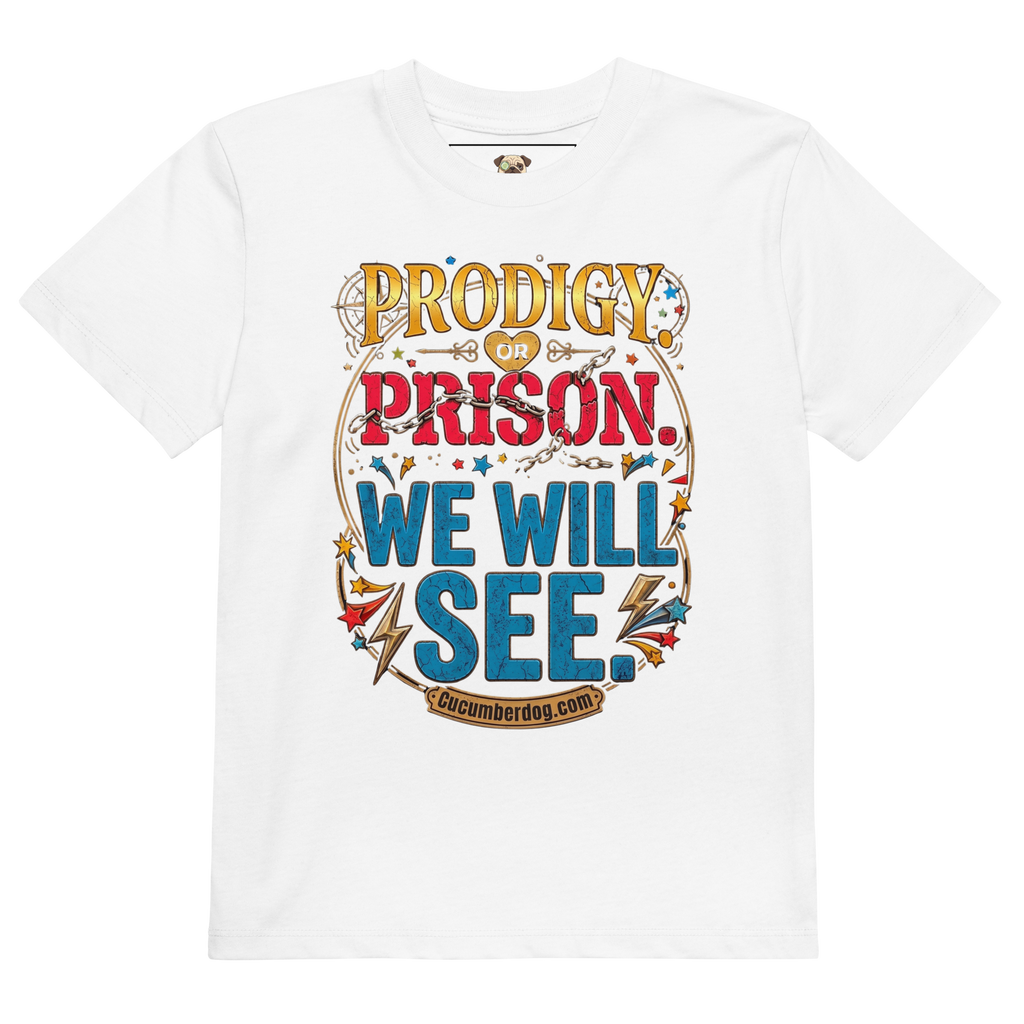 A white organic cotton children's t-shirt featuring colourful retro typography with chains and lightning bolts that reads: PRODIGY OR PRISON. WE WILL SEE. cucumberdog.com.