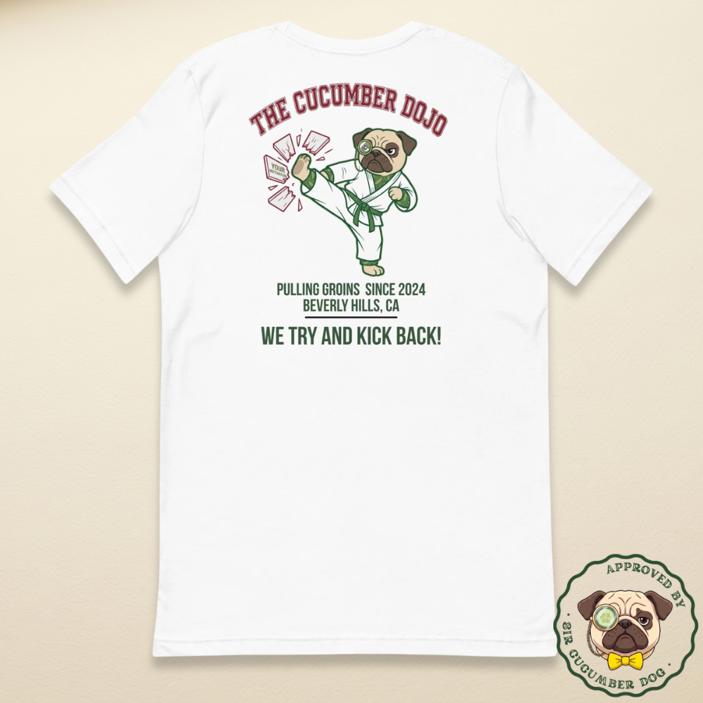 The cucumber dojo featuring Sir Cucumber Dog in karate robe design on a white tee