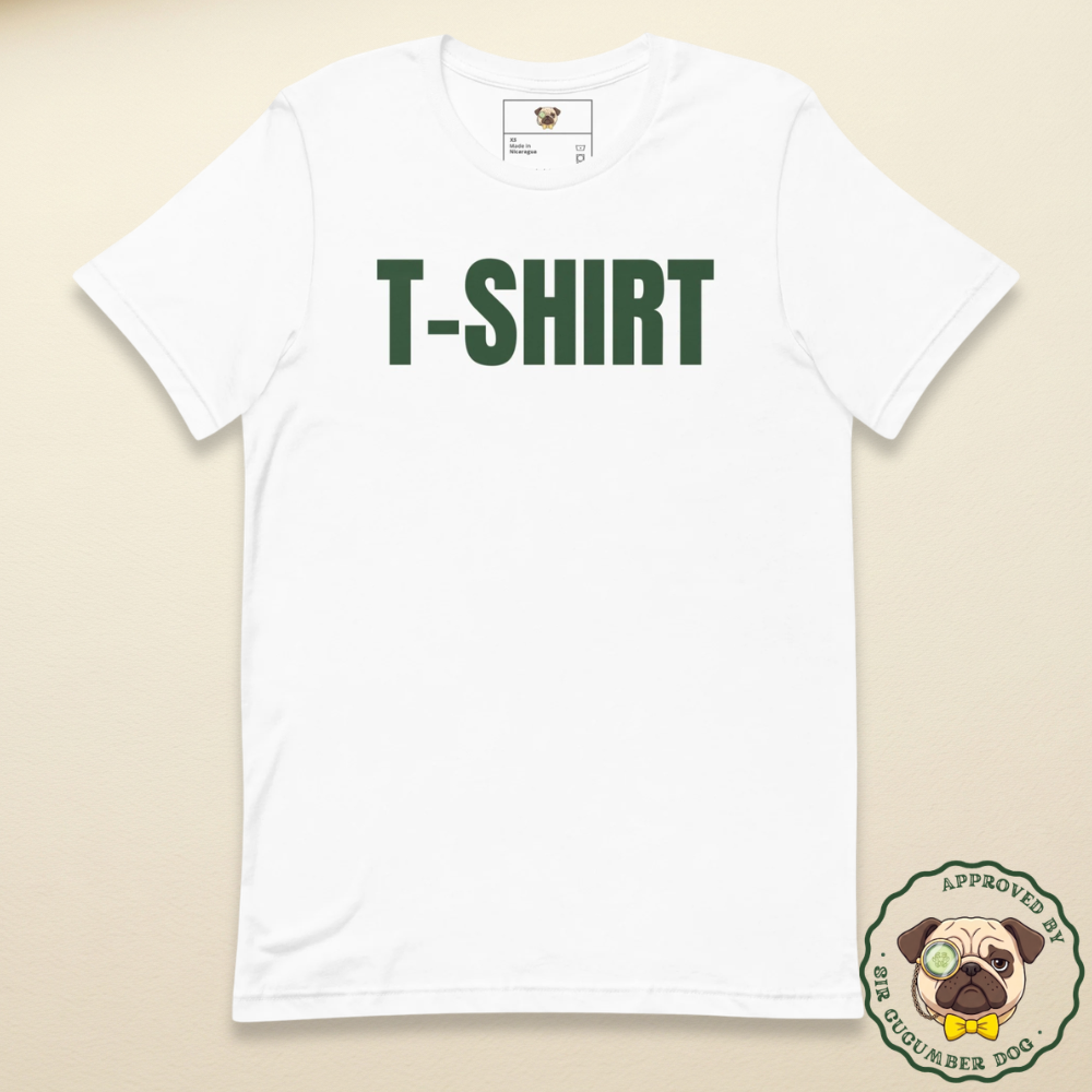 A white t-shirt with the words T_SHIRT on the front