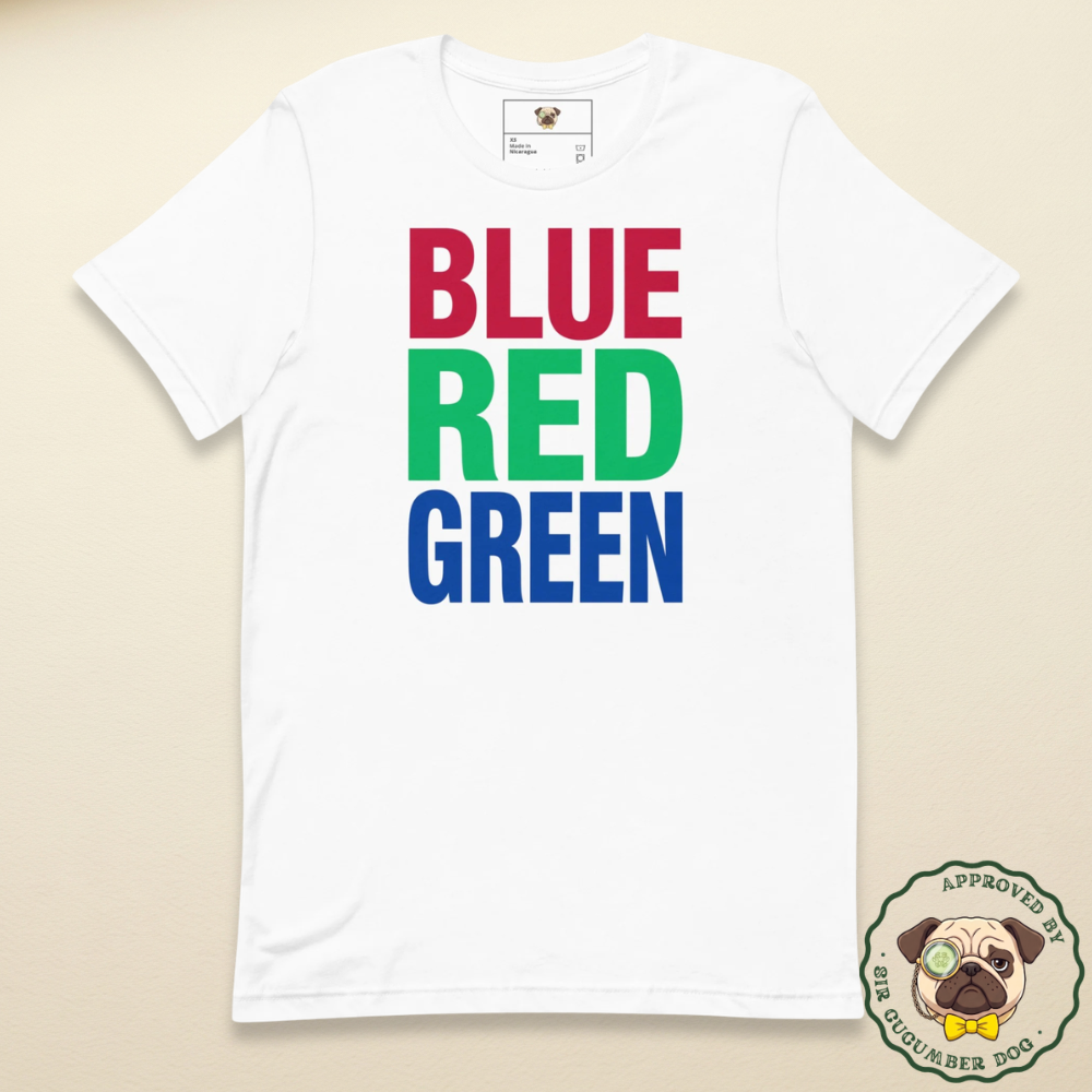 The stroop effect blue red green text design on a white tee