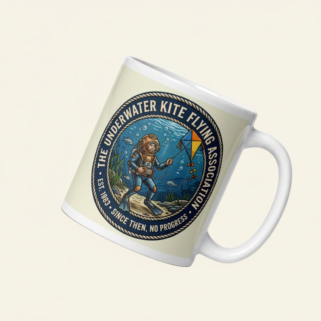 A white ceramic mug featuring a retro illustration of a vintage deep sea diver underwater attempting to fly a blue and yellow kite among fish and seaweed. The circular nautical rope border reads The Underwater Kite Flying Association, Est. 1983, Since then, no progress.