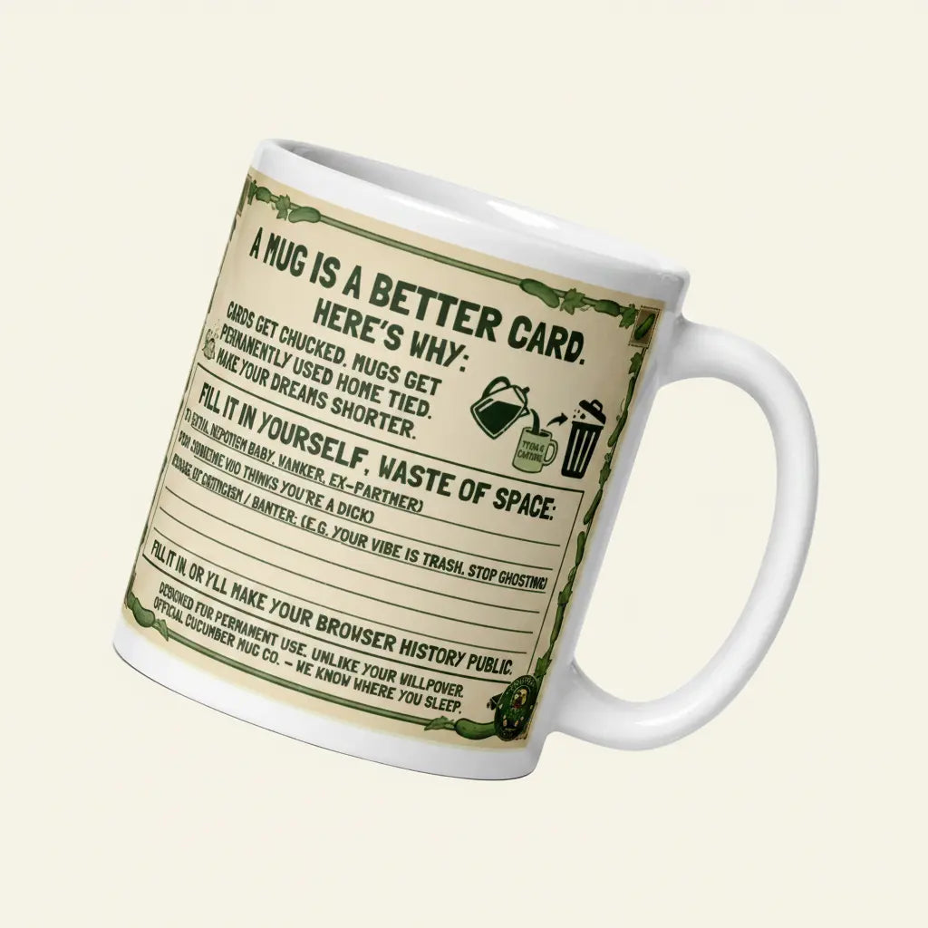 A two sided ceramic mug design on a cream background with a green cucumber border. The front features Sir Cucumber Dog in a green suit adjusting a monocle with the text ANOTHER YEAR OF USELESSNESS and HAPPY F*CKING BIRTHDAY. The back features text stating A MUG IS A BETTER CARD and a fill in the blank template for insults. 11 oz