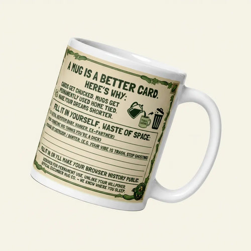 A two sided ceramic mug design on a cream background with a green cucumber border. The front features Sir Cucumber Dog in a green suit adjusting a monocle with the text ANOTHER YEAR OF USELESSNESS and HAPPY F*CKING BIRTHDAY. The back features text stating A MUG IS A BETTER CARD and a fill in the blank template for insults. 11 oz
