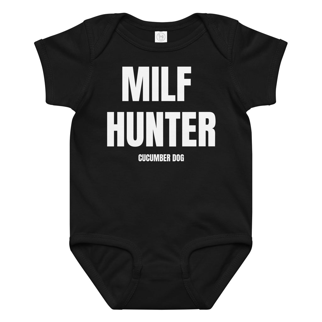 Black baby onesie with 'MILF HUNTER' text on a white background