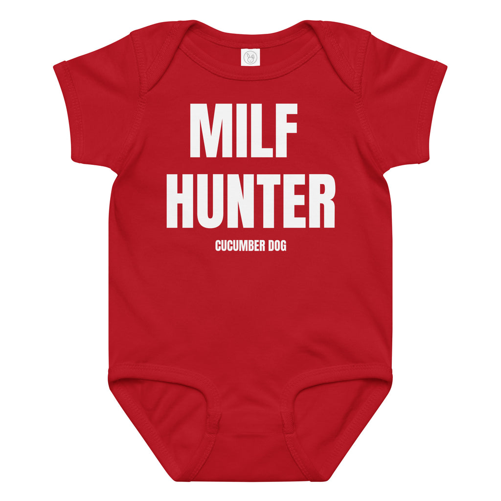 Red baby onesie with 'MILF HUNTER' text on a white background