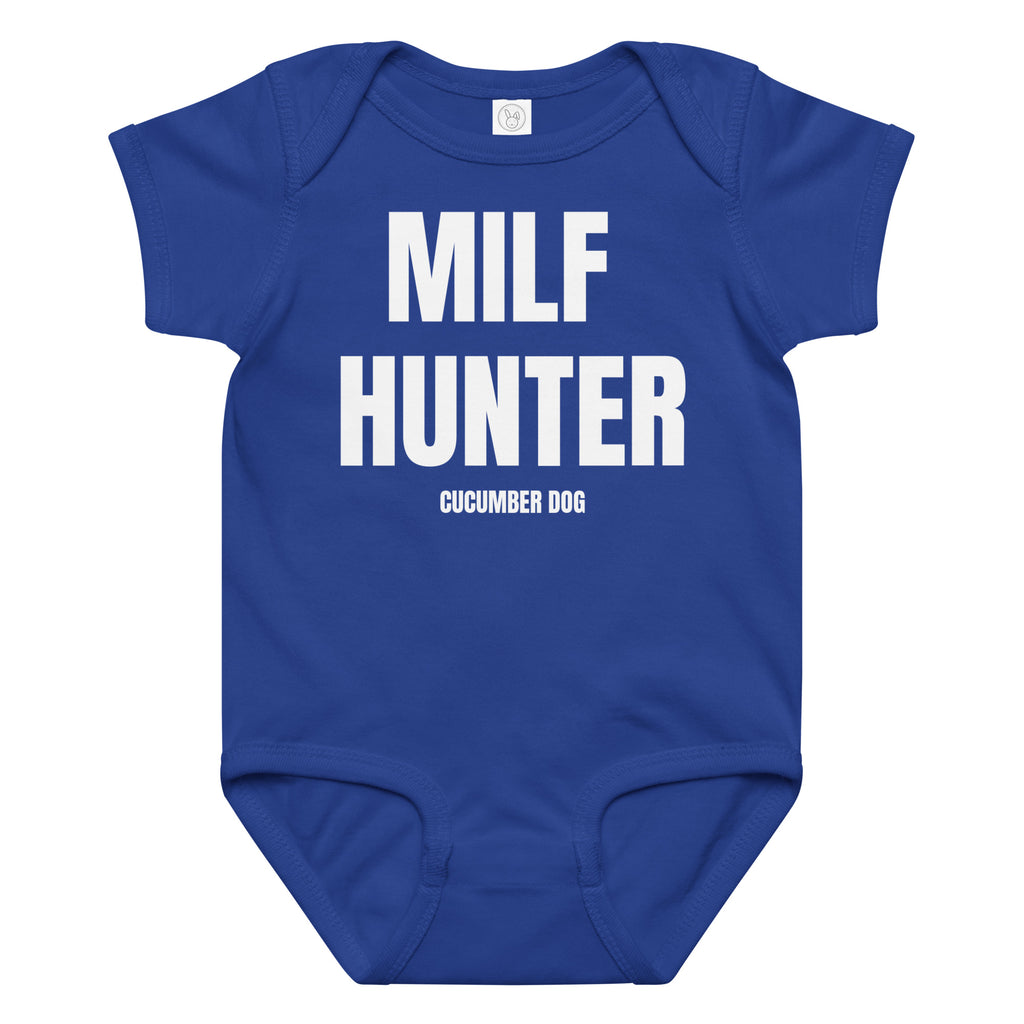 Blue baby onesie with 'MILF HUNTER' text on a white background