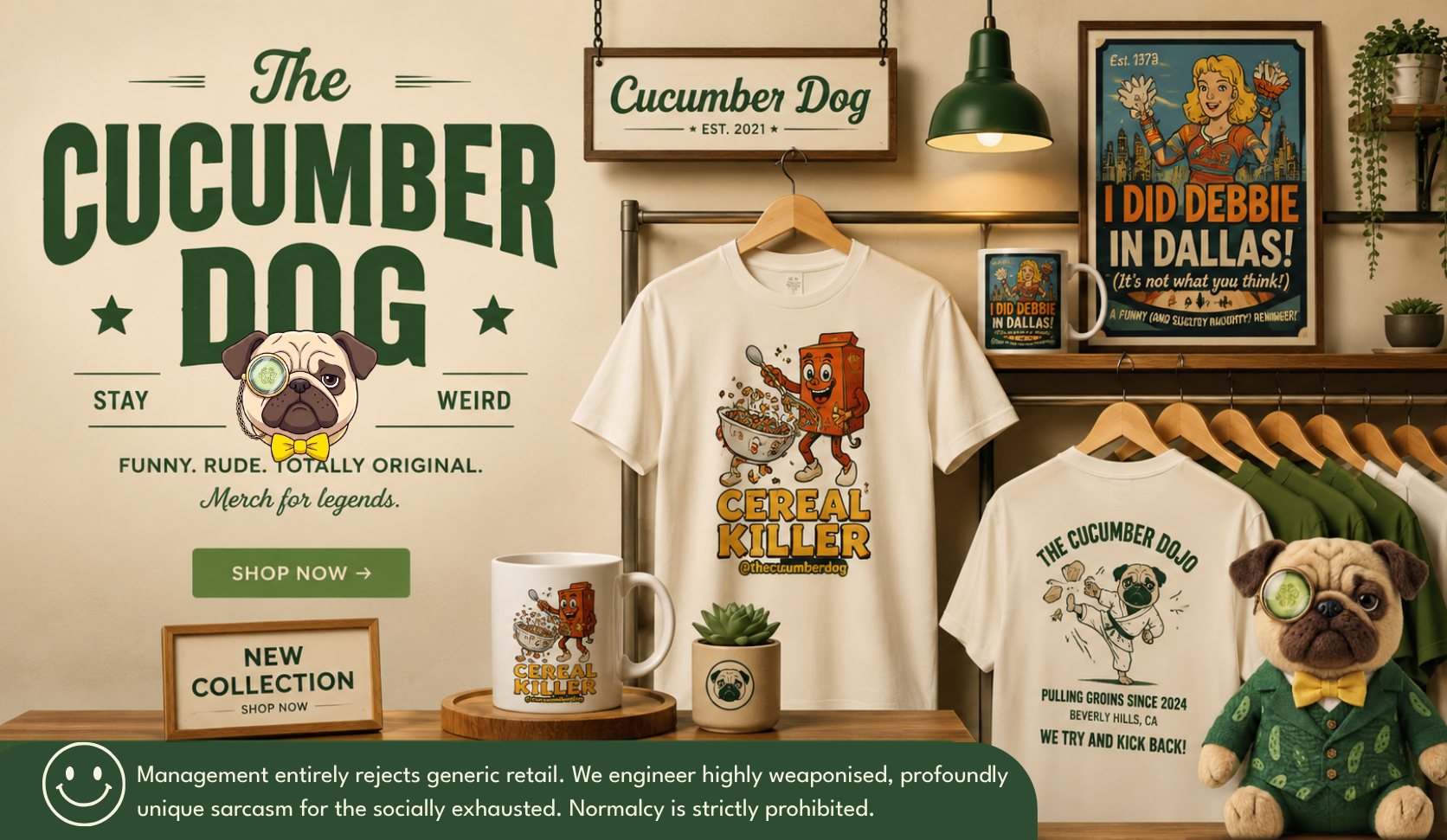 A styled retail display for The Cucumber Dog brand featuring a cream graphic T-shirt, a matching mug, a T-shirt on a hanger, a small plush dog, framed posters, and hanging signs in a warm indoor shop setting.