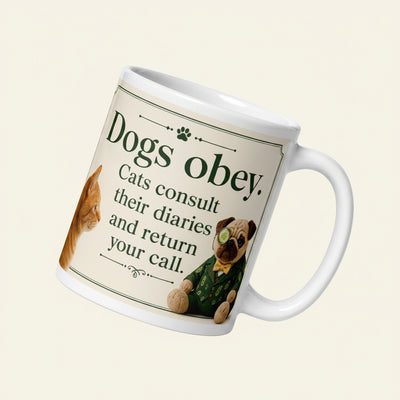 A premium ceramic office mug featuring a humorous comparison between dogs and cats. The text reads "Dogs obey. Cats consult their diaries and return your call." in dark green vintage typography on a cream background. To the right sits Sir Cucumber Dog, a plush pug wearing a green cucumber-print suit, yellow bow tie, and a cucumber slice monocle. To the left, an orange tabby cat stares back in profile.