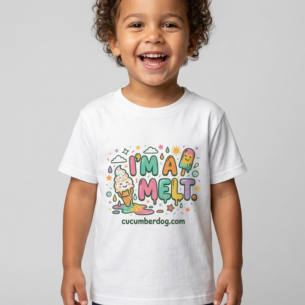 A cheerfully oblivious child modelling the white organic 'I'm A Melt' sarcastic kids t-shirt by Cucumber Dog. The premium garment features pastel dripping typography, a melting soft serve ice cream cone, a smiling ice lolly, stars, and the cucumberdog.com web address, perfectly disguising parental exhaustion behind a colourful aesthetic.