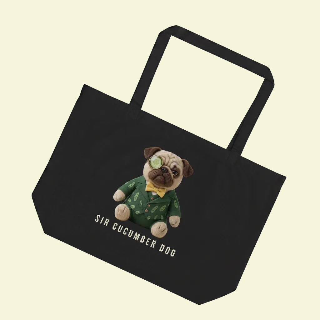 A heavy-duty black organic cotton tote bag featuring a high-definition illustration of Sir Cucumber Dog on the front with the text SIR CUCUMBER DOG. The back features the website CUCUMBERDOG.COM in cream text.
