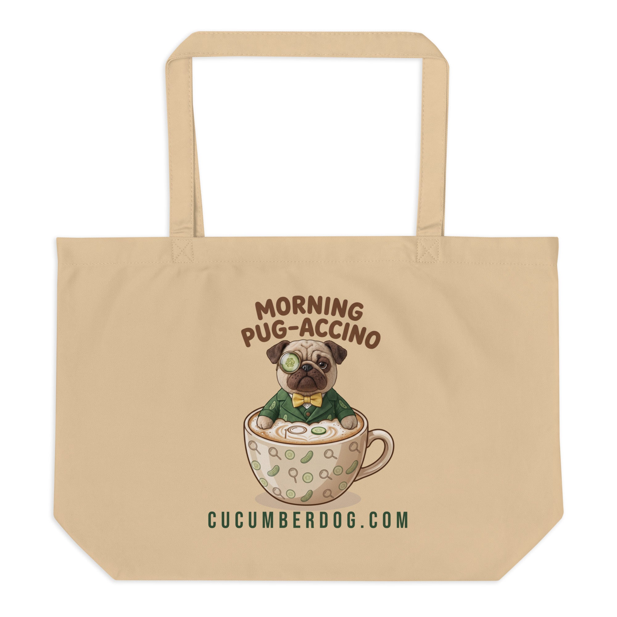A funny pug tote bag featuring Sir Cucumber Dog bathing in a morning cappuccino.
