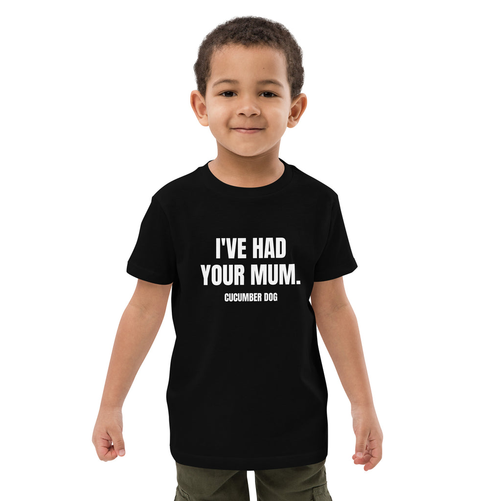 Child wearing a black t-shirt with i've had your mum text on a white background. Cucumber Dog
