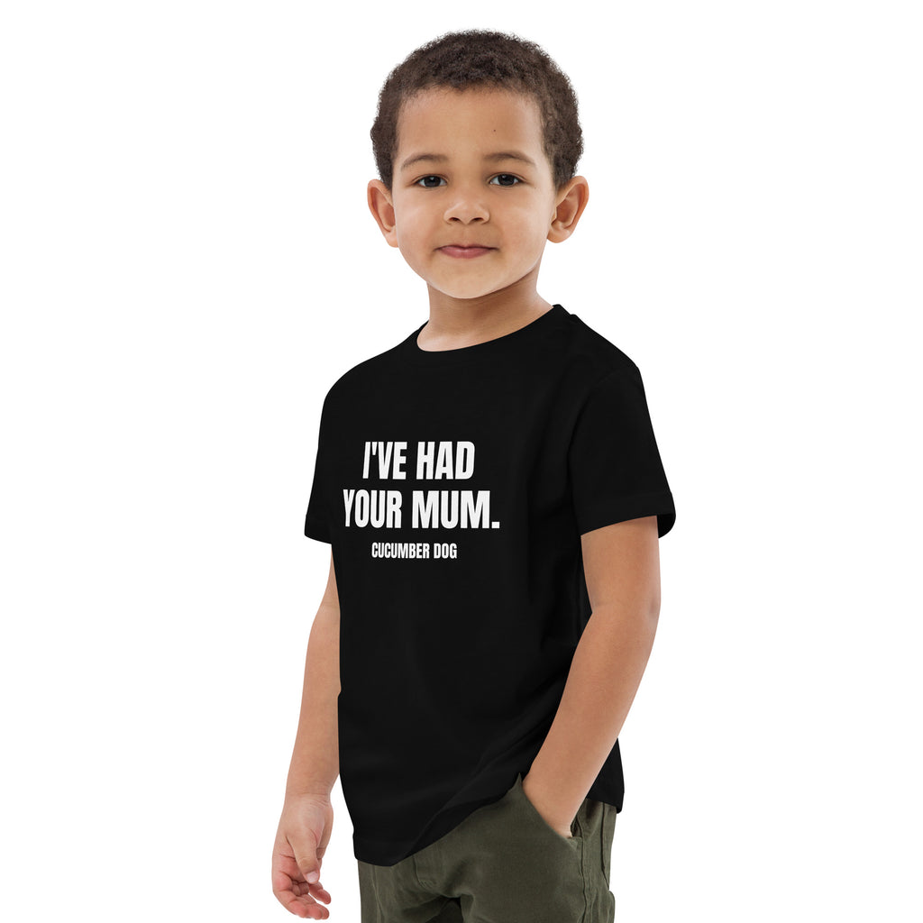 Child wearing a black t-shirt with i've had your mum text on a white background. Cucumber Dog