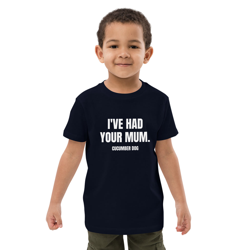 Child wearing a black t-shirt with i've had your mum text on a white background. Cucumber Dog