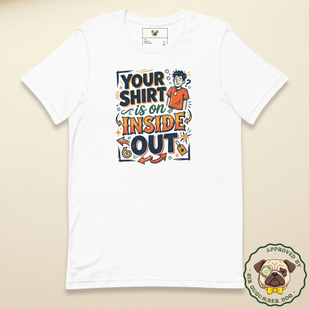 A white unisex t-shirt featuring a cartoon illustration of a confused man with an exposed clothing tag, surrounded by bold retro typography that reads: YOUR SHIRT IS ON INSIDE OUT.