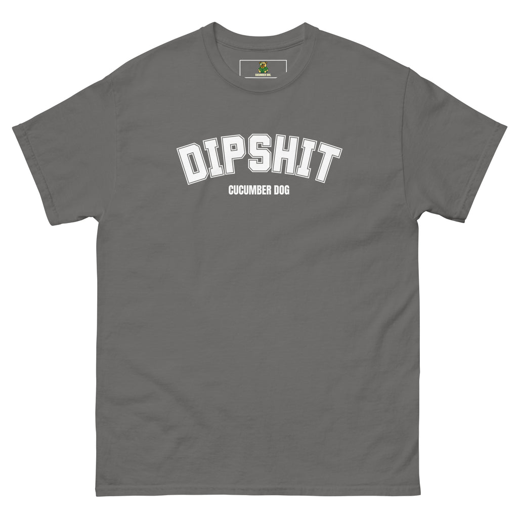 Charcoal t-shirt with 'DIPSHIT' text on a white background