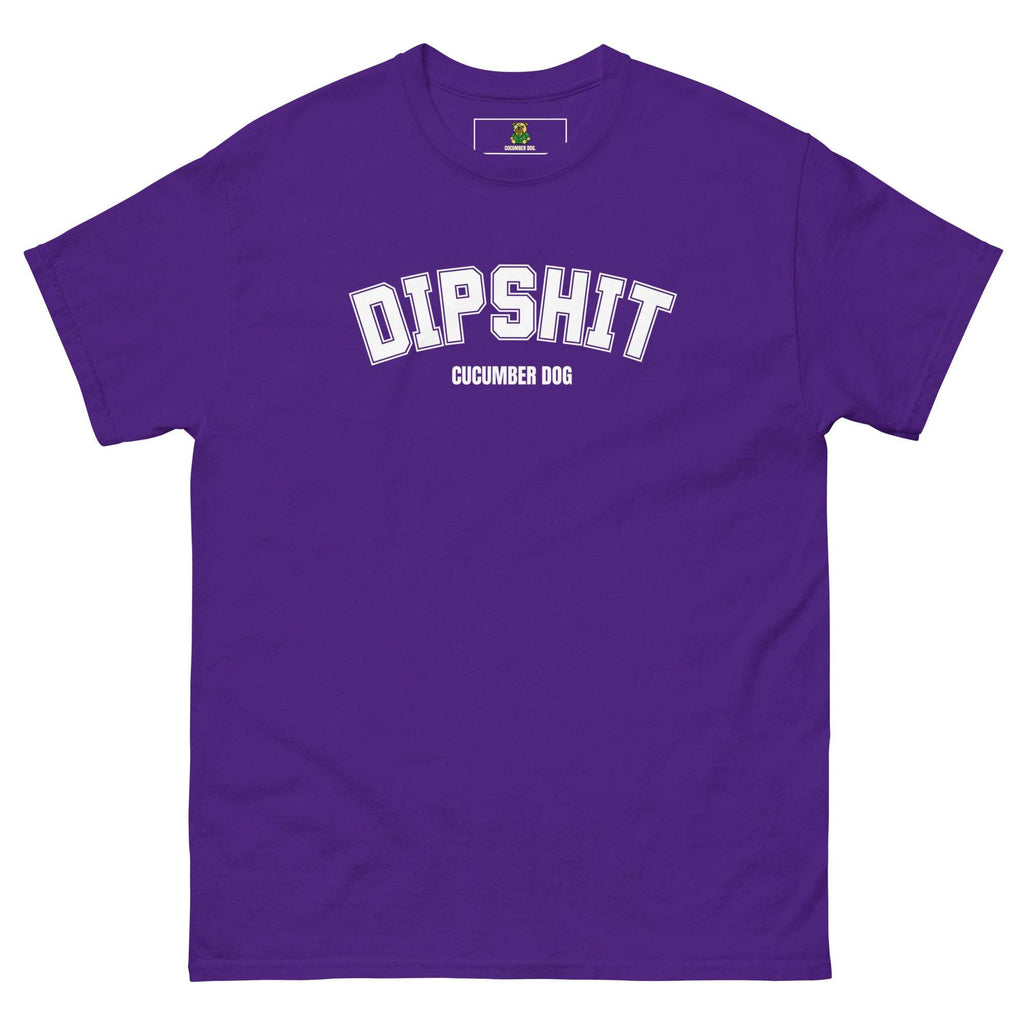 Purple t-shirt with 'DIPSHIT' text on a white background Cucumber Dog