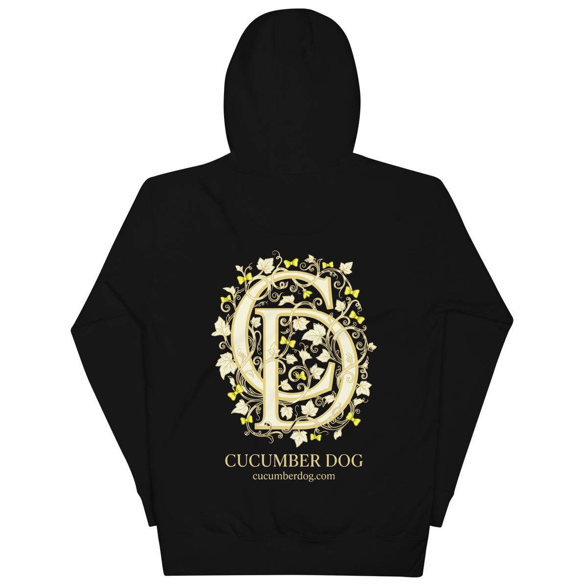 Black hoodie featuring a large ornate CD monogram printed in Cucumber Cream, intertwined with elegant ivy leaves and small yellow bow ties, with the Cucumber Dog logo below.