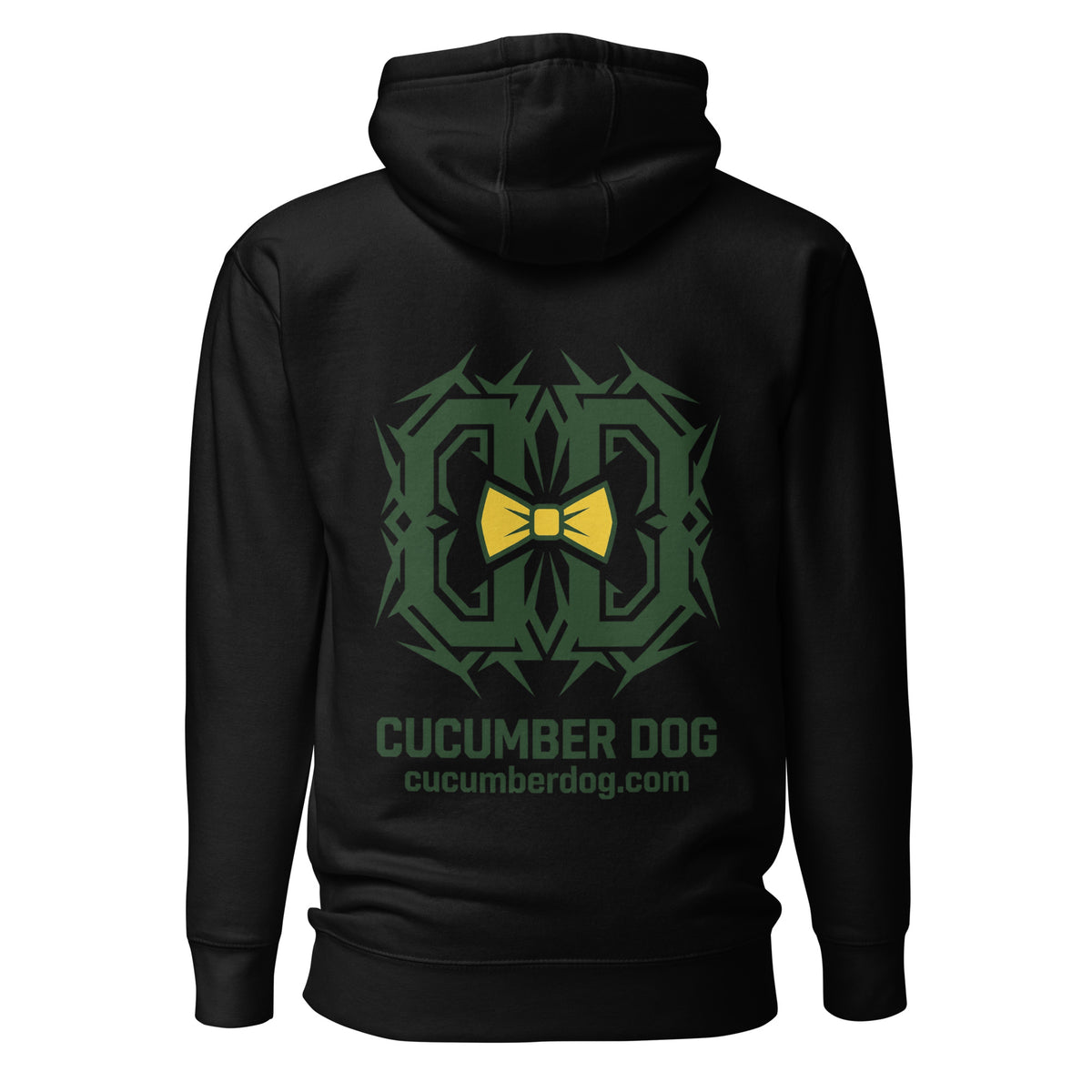Hoodie in black featuring a sharp Cucumber Green tribal tattoo style CD monogram centred around a bright yellow bow tie, with Cucumber Dog text below.