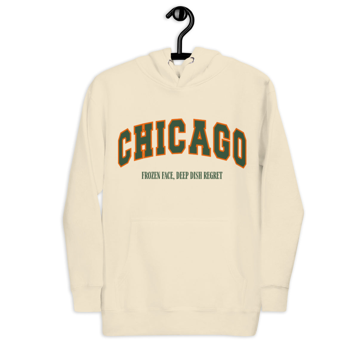 Bone hoodie featuring a vintage athletic graphic with arched Chicago text in green and orange, and the phrase Frozen Face, Deep Dish Regret underneath in a green serif font.
