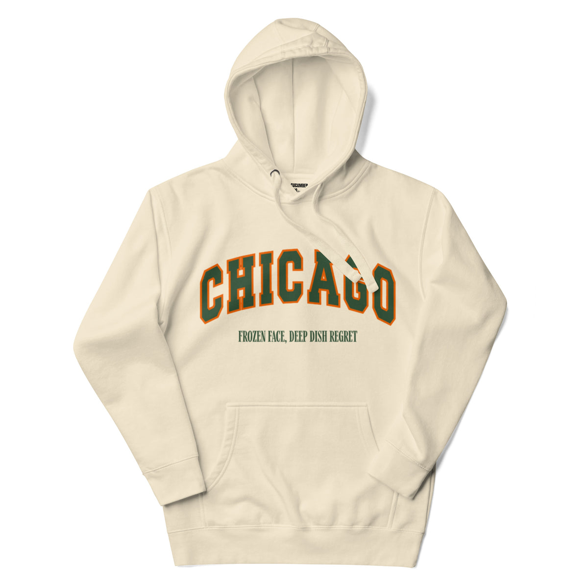 Bone hoodie featuring a vintage athletic graphic with arched Chicago text in green and orange, and the phrase Frozen Face, Deep Dish Regret underneath in a green serif font.